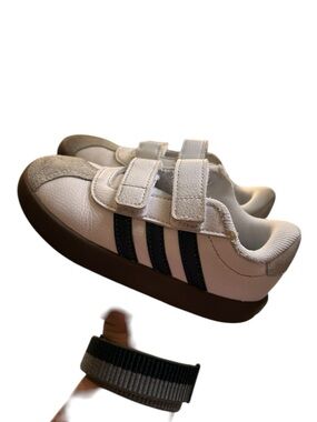 adidas Kids White Sneakers with Black Stripes and Brown Sole